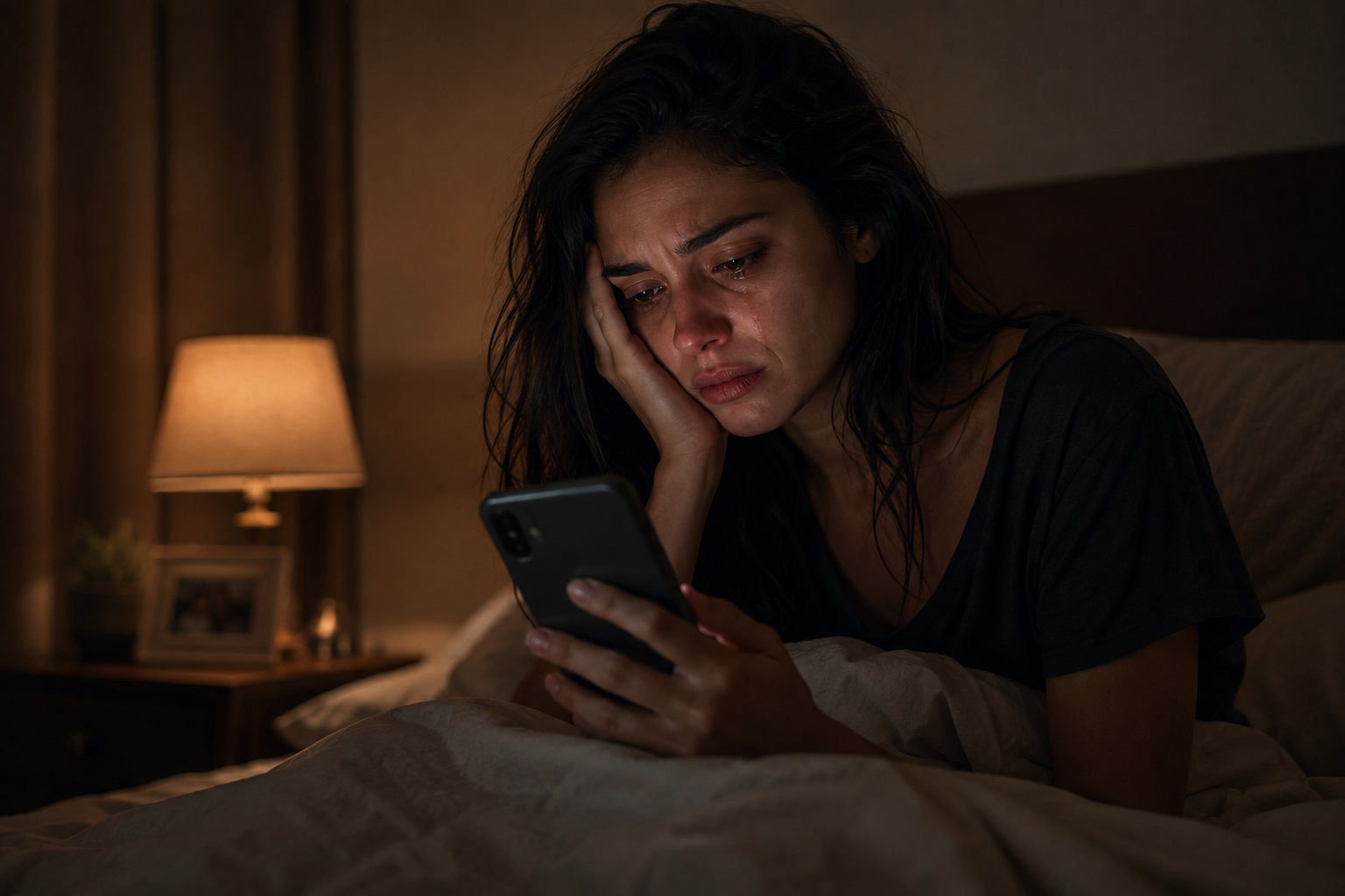 Mulher emocionalmente abalada olhando para o celular à noite, representando o momento difícil após um término