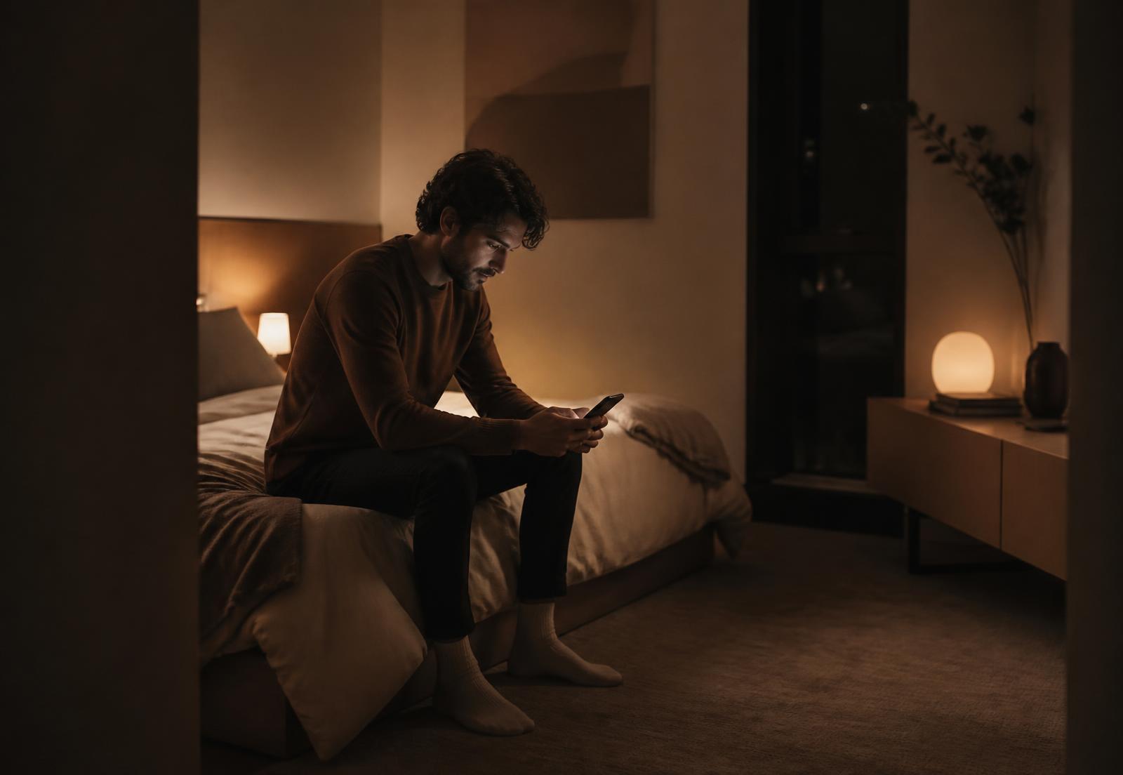 Pessoa sozinha à noite com o celular na mão, iluminada por luz quente